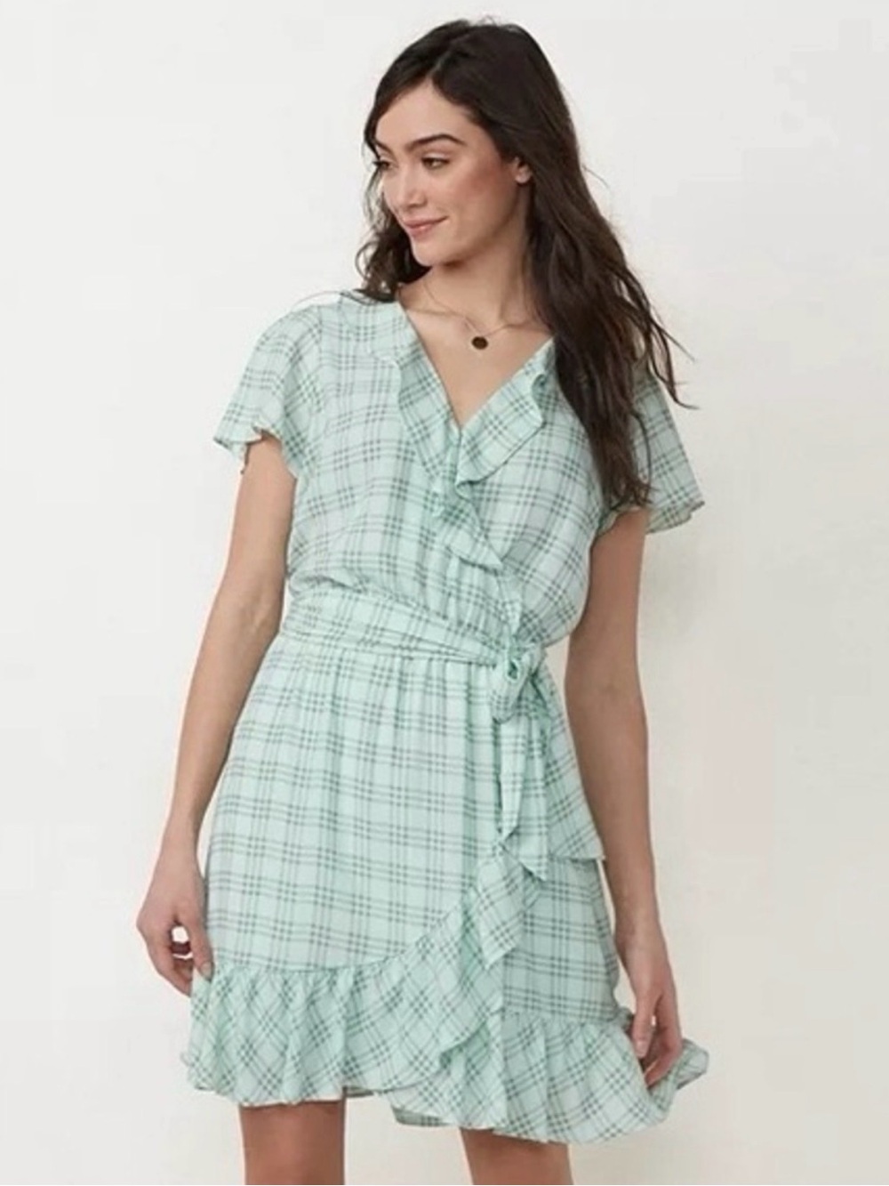 LC Lauren Conrad Mint Plaid Ruffle Wrap Dress